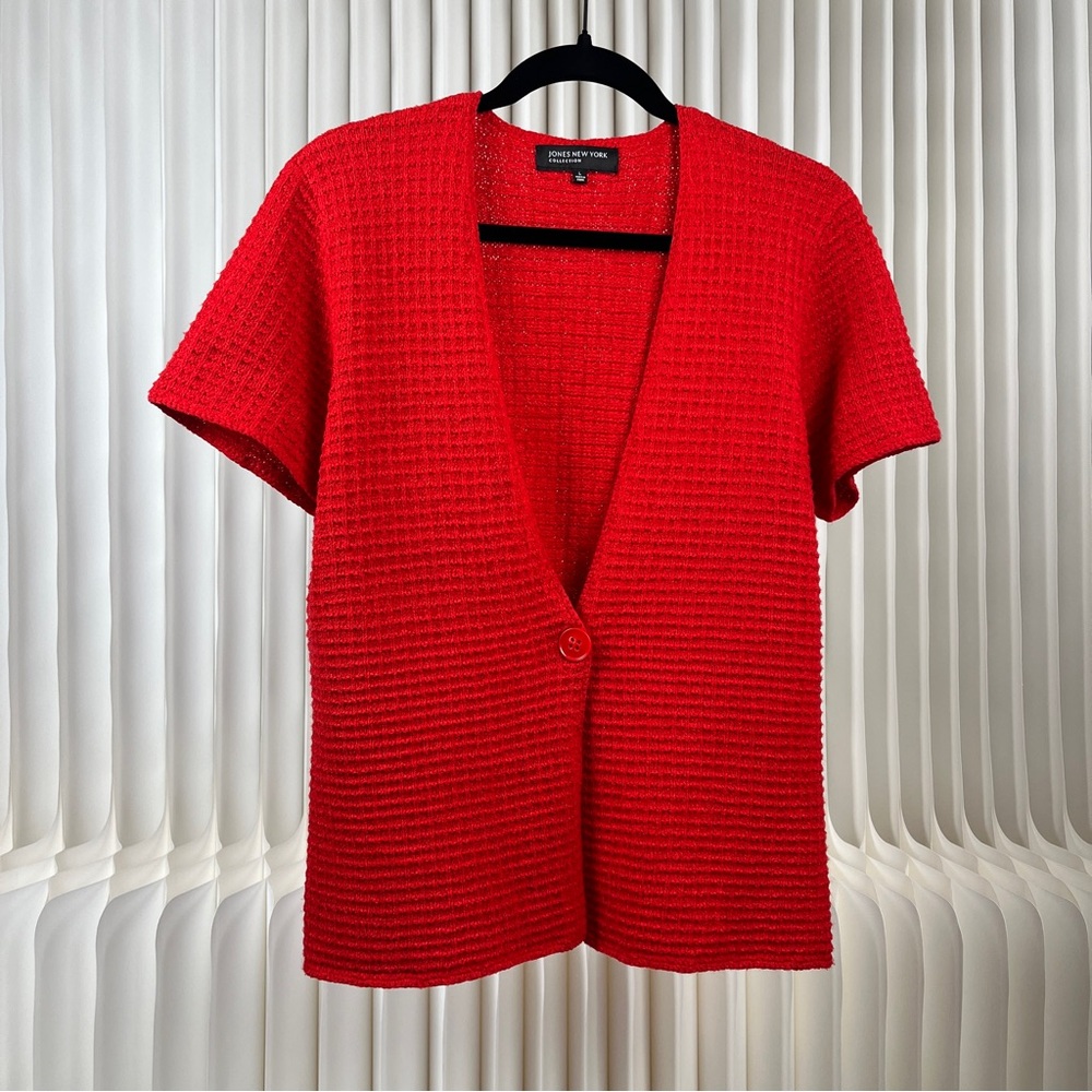 Jones New York Red Short Sleeve Single Button Cardigan